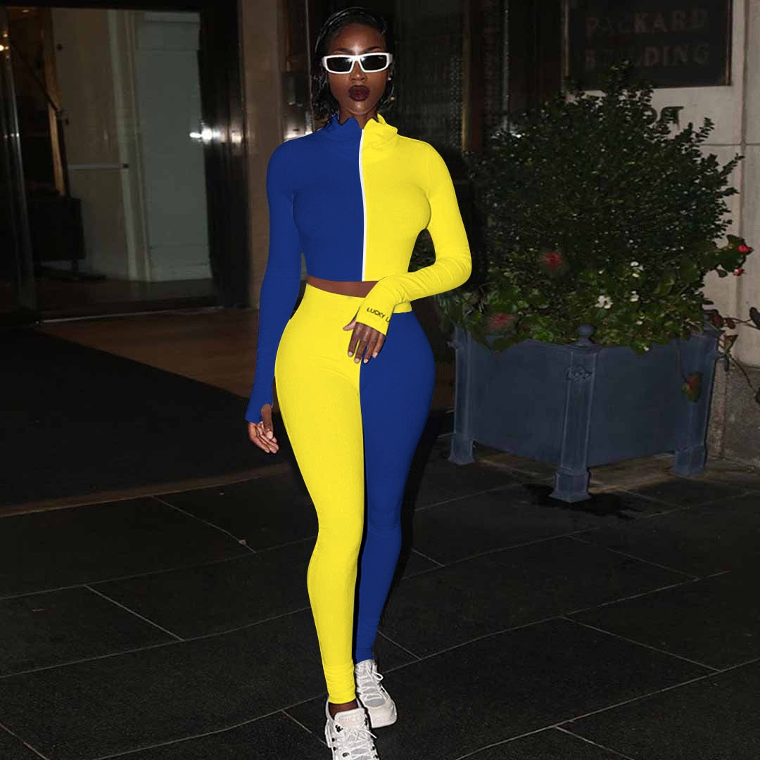 Autumn Ribbing Sports Two Piece Set Color Patchwork Long Sleeve Zipper Crop Top Pants Tracksuit Gym Running Fitness Outdoor Suit | Vimost Shop.