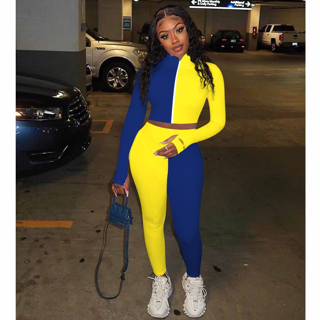 Autumn Ribbing Sports Two Piece Set Color Patchwork Long Sleeve Zipper Crop Top Pants Tracksuit Gym Running Fitness Outdoor Suit | Vimost Shop.