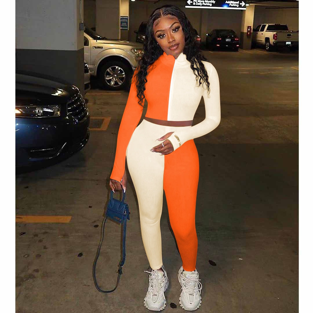 Autumn Ribbing Sports Two Piece Set Color Patchwork Long Sleeve Zipper Crop Top Pants Tracksuit Gym Running Fitness Outdoor Suit | Vimost Shop.