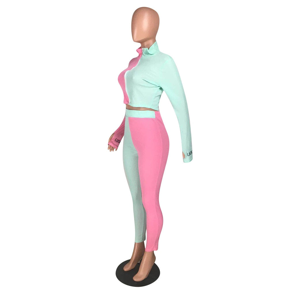 Autumn Ribbing Sports Two Piece Set Color Patchwork Long Sleeve Zipper Crop Top Pants Tracksuit Gym Running Fitness Outdoor Suit | Vimost Shop.