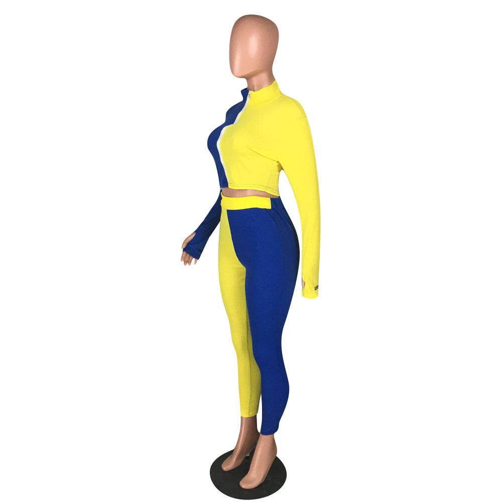 Autumn Ribbing Sports Two Piece Set Color Patchwork Long Sleeve Zipper Crop Top Pants Tracksuit Gym Running Fitness Outdoor Suit | Vimost Shop.