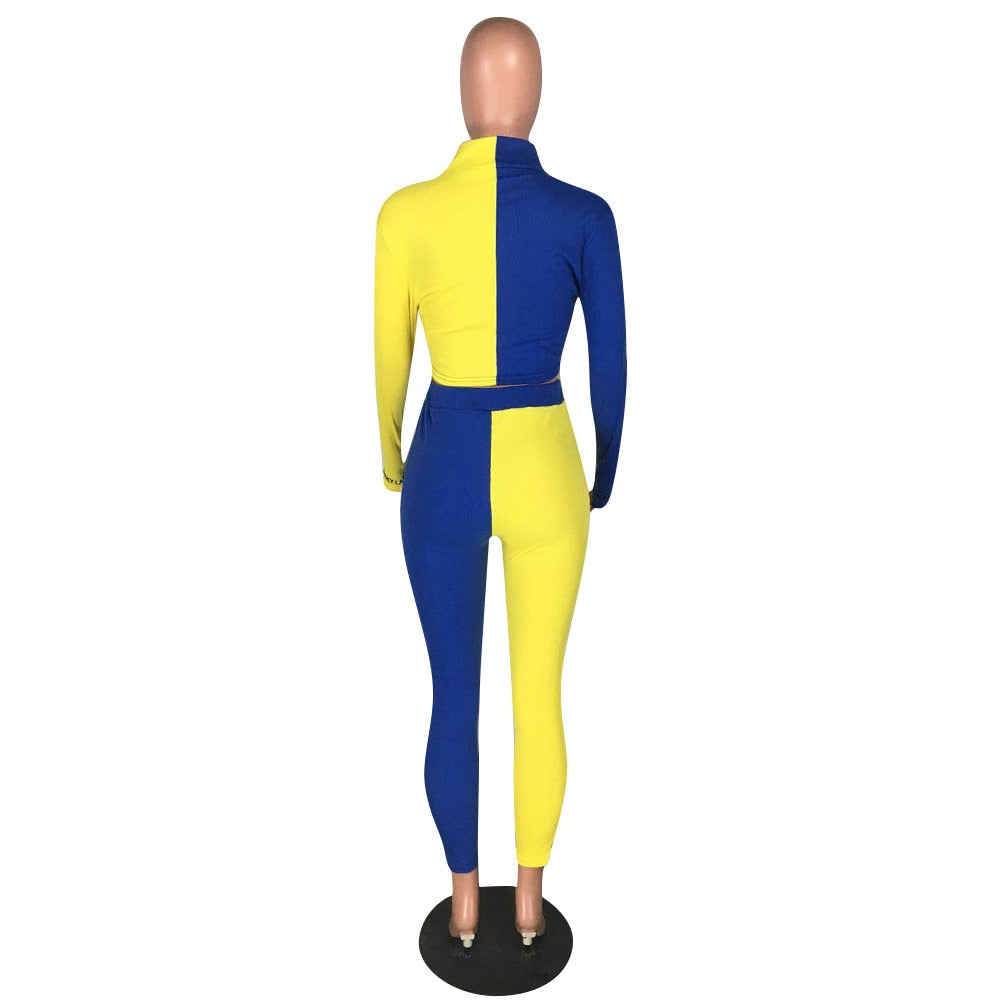 Autumn Ribbing Sports Two Piece Set Color Patchwork Long Sleeve Zipper Crop Top Pants Tracksuit Gym Running Fitness Outdoor Suit | Vimost Shop.