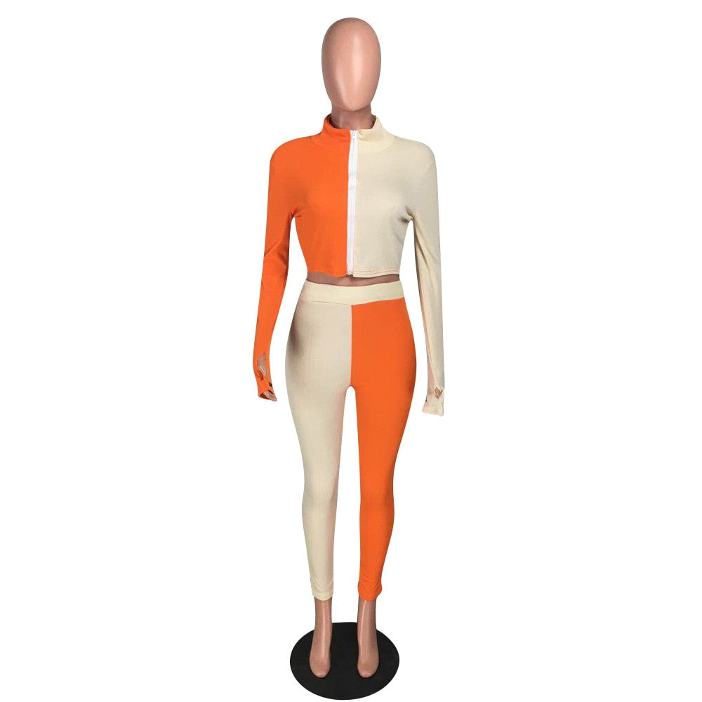 Autumn Ribbing Sports Two Piece Set Color Patchwork Long Sleeve Zipper Crop Top Pants Tracksuit Gym Running Fitness Outdoor Suit | Vimost Shop.