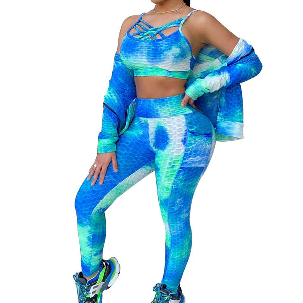 Sportswear 3 PCS Jacquard Yoga Set Women Gym Tracksuit Bra Crop Top Zipper Long Sleeve Jacket And Leggings Workout Sports Suit | Vimost Shop.