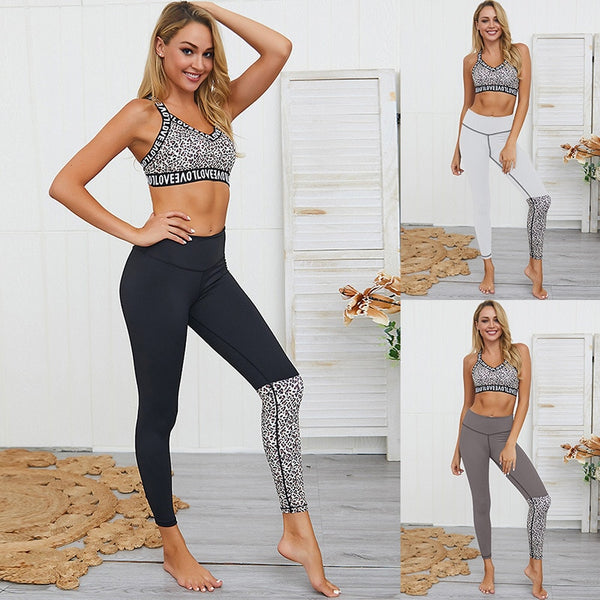Seamless Leopard Print Patchwork Yoga Set Gym Clothing Tank Crop Top Leggings Suit Push Up Workout Training Running Tracksuit | Vimost Shop.