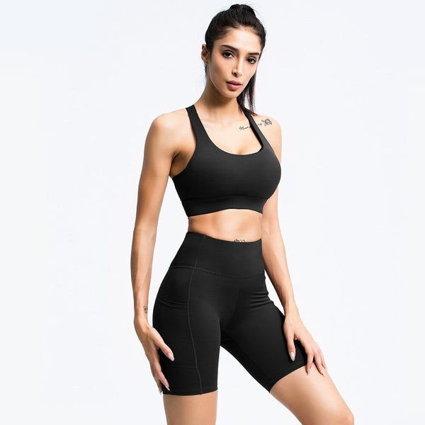 Seamless Yoga Set Gym Sports Tracksuit Bra Crop Top Shorts With Pockets Outfits Fashion Workout Push Up Training Bodycon Suit | Vimost Shop.