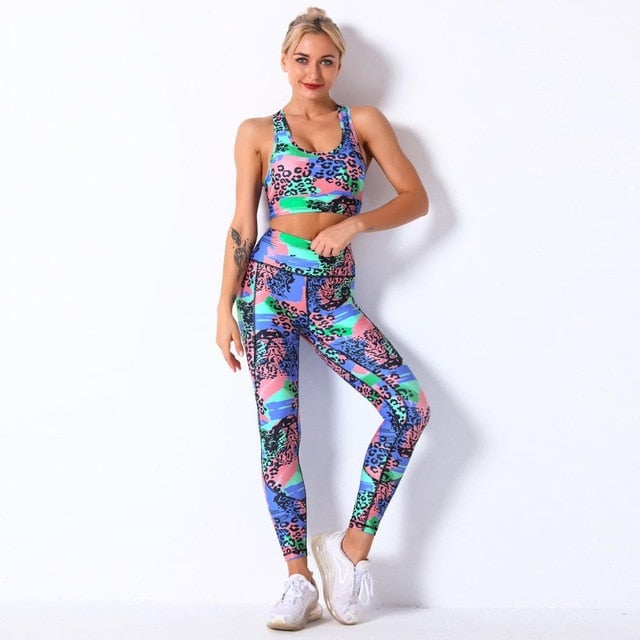 Seamless Floral Print Gym Yoga Set Fashion Fitness Vest Crop Top Leggings Suit Push Up Workout Training Running Energy Clothing | Vimost Shop.