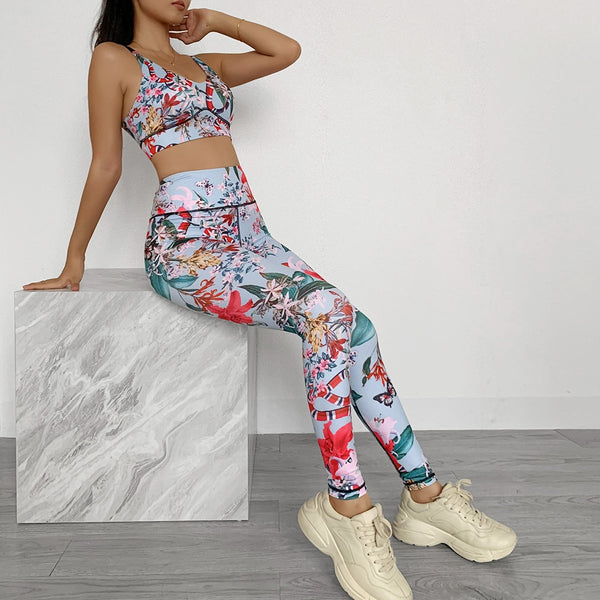 Seamless Floral Print Gym Yoga Set Fashion Fitness Vest Crop Top Leggings Suit Push Up Workout Training Running Slim Clothing | Vimost Shop.