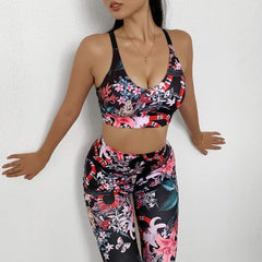Seamless Floral Print Gym Yoga Set Fashion Fitness Vest Crop Top Leggings Suit Push Up Workout Training Running Slim Clothing | Vimost Shop.