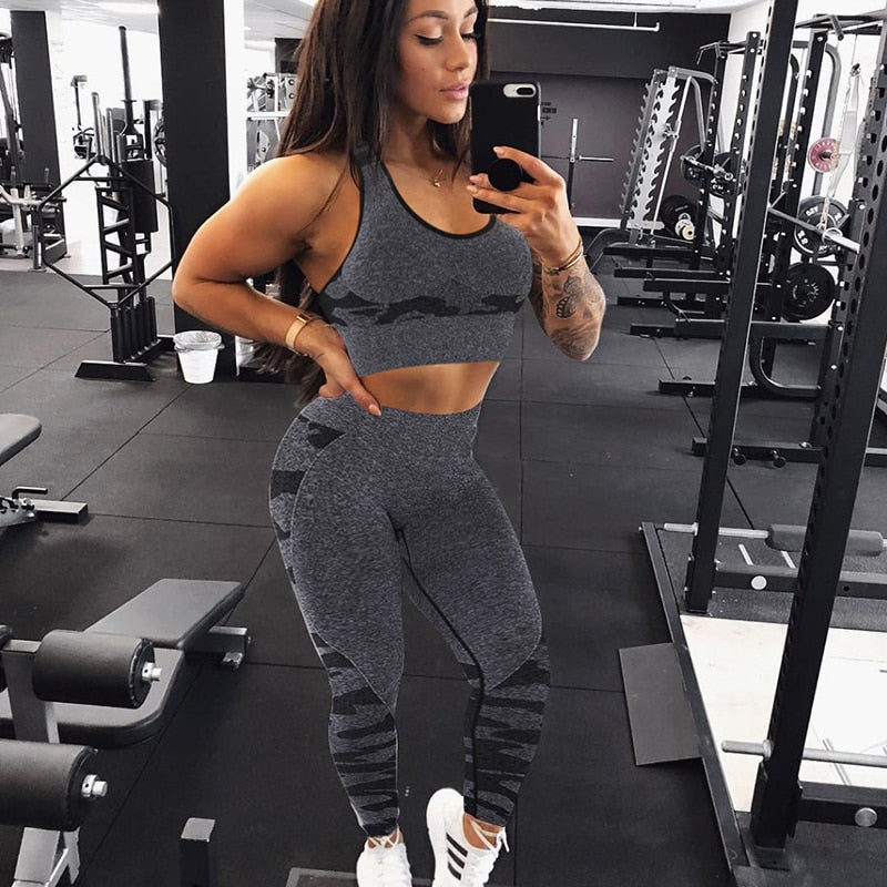 Women Workout Outfit 2 Pieces Yoga Set Seamless Running Leggings with Sports Bra Padded Tops Suit Gym Clothes Fitness Sportswear | Vimost Shop.