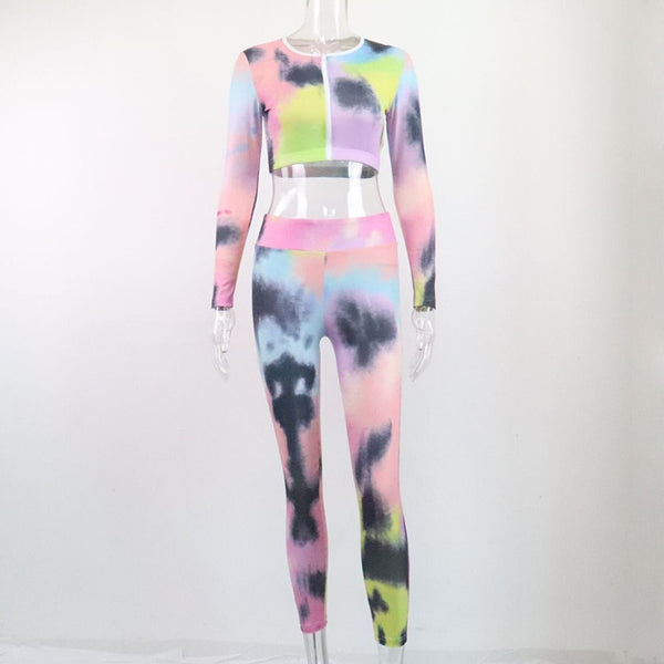 Tie Dye Print Seamless Yoga Gym Ribbed Suit Fashion Long Sleeve Zipper Crop Top Leggings Two Piece Set Fitness Sports Clothing | Vimost Shop.