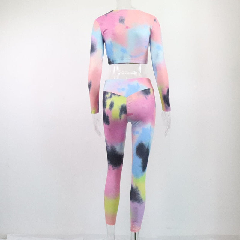 Tie Dye Print Seamless Yoga Gym Ribbed Suit Fashion Long Sleeve Zipper Crop Top Leggings Two Piece Set Fitness Sports Clothing | Vimost Shop.