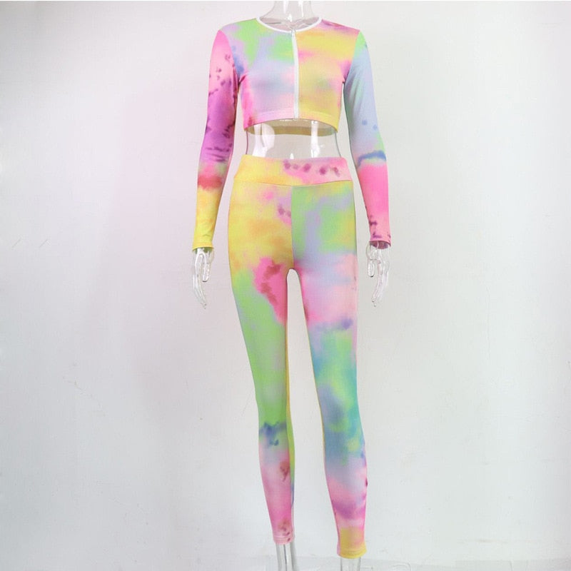 Tie Dye Print Seamless Yoga Gym Ribbed Suit Fashion Long Sleeve Zipper Crop Top Leggings Two Piece Set Fitness Sports Clothing | Vimost Shop.