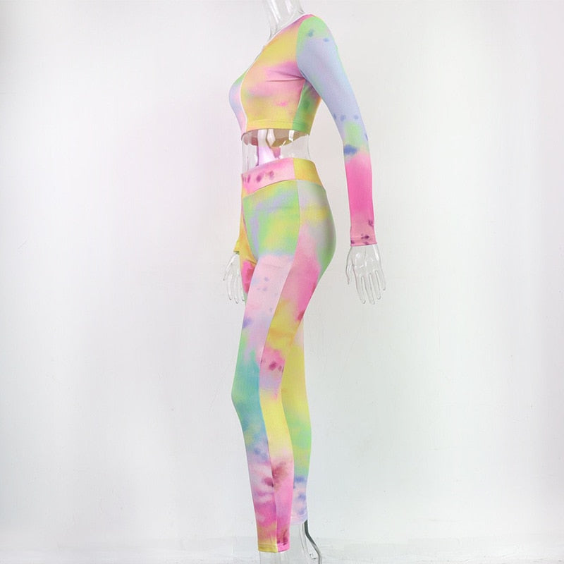Tie Dye Print Seamless Yoga Gym Ribbed Suit Fashion Long Sleeve Zipper Crop Top Leggings Two Piece Set Fitness Sports Clothing | Vimost Shop.