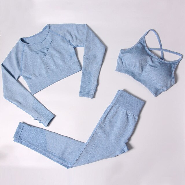 Sportswear Seamless Yoga 3 PCS Set Women Gym Clothes Bra+ Long Sleeve Crop Top High Elastics  Pantalones Fitness Tracksuit | Vimost Shop.