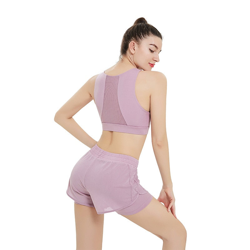 Seamless Sheer Mesh Gym Fitness Yoga Set Fashion Bra Top Shorts Suit Jogging Push Up Sportswear Workout Training Casual Clothing | Vimost Shop.