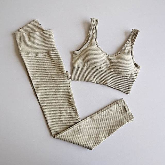 Seamless Solid Ribbing Yoga Suit Sports Tracksuit Tank Crop Top Leggings Two Piece Set Workout Gym Fitness Female Suit | Vimost Shop.