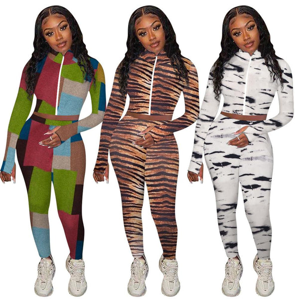 Autumn Print Sports Tracksuit Long Sleeve Zipper Crop Top Pencil Pants Two Piece Set Sports Gym Fitness Casual Bodycon Outfits | Vimost Shop.