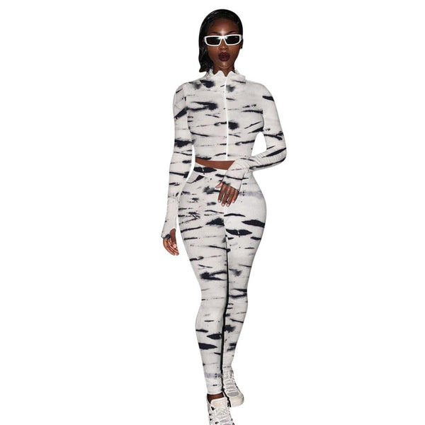 Autumn Print Sports Tracksuit Long Sleeve Zipper Crop Top Pencil Pants Two Piece Set Sports Gym Fitness Casual Bodycon Outfits | Vimost Shop.