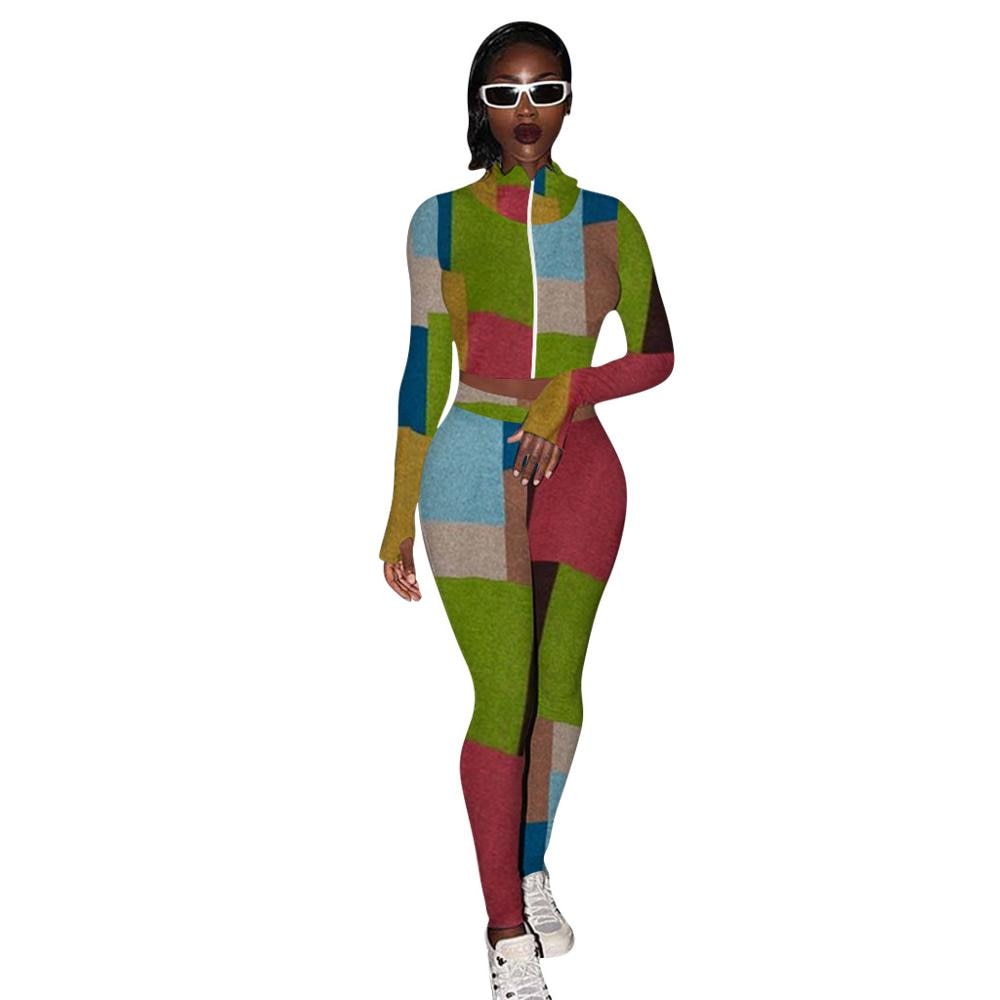 Autumn Print Sports Tracksuit Long Sleeve Zipper Crop Top Pencil Pants Two Piece Set Sports Gym Fitness Casual Bodycon Outfits | Vimost Shop.