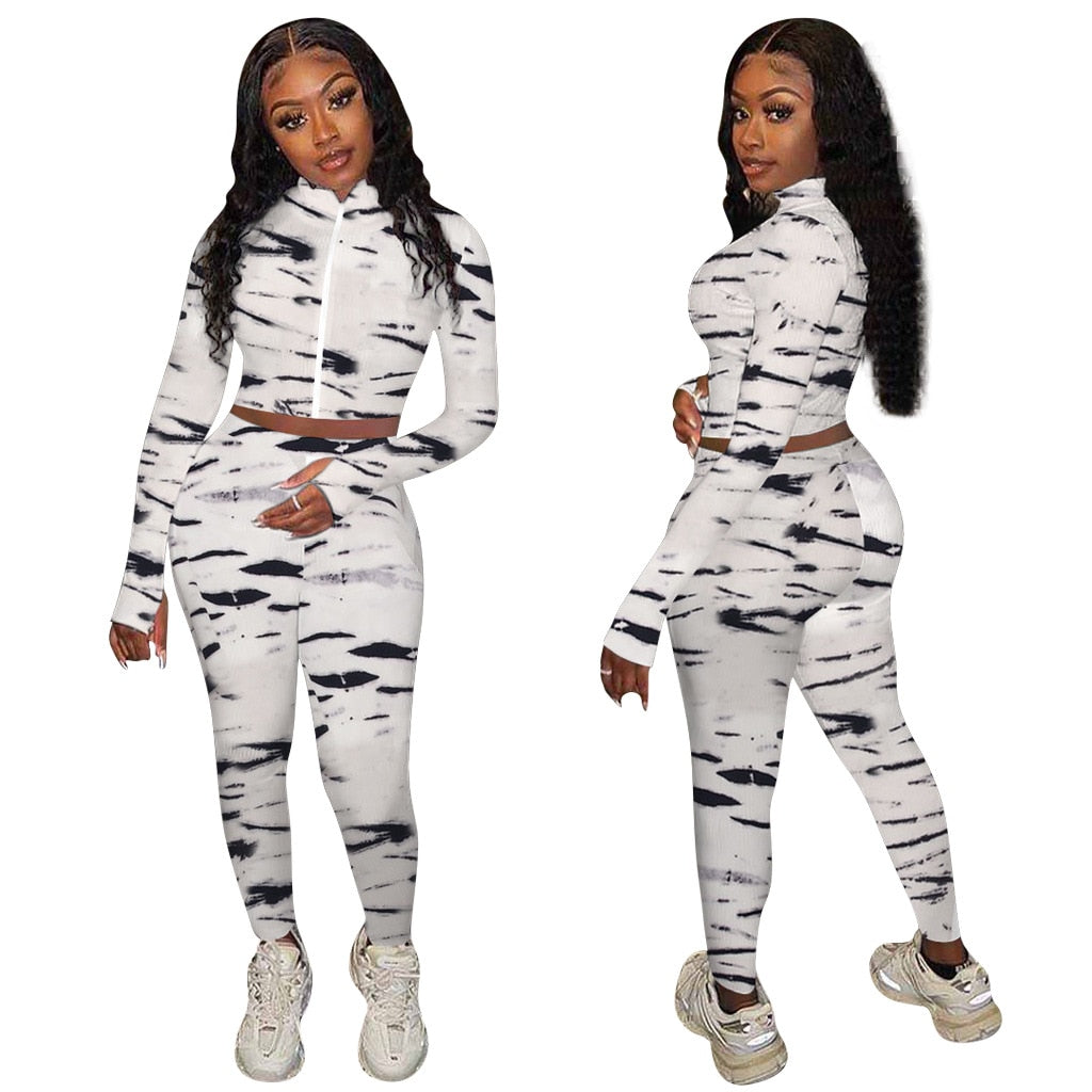 Autumn Print Sports Tracksuit Long Sleeve Zipper Crop Top Pencil Pants Two Piece Set Sports Gym Fitness Casual Bodycon Outfits | Vimost Shop.