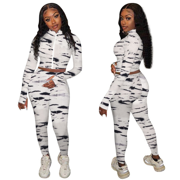 Autumn Print Sports Tracksuit Long Sleeve Zipper Crop Top Pencil Pants Two Piece Set Sports Gym Fitness Casual Bodycon Outfits | Vimost Shop.