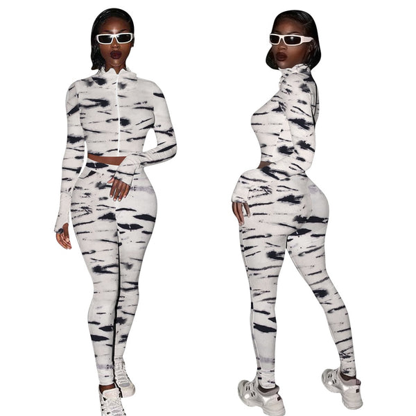 Autumn Print Sports Tracksuit Long Sleeve Zipper Crop Top Pencil Pants Two Piece Set Sports Gym Fitness Casual Bodycon Outfits | Vimost Shop.