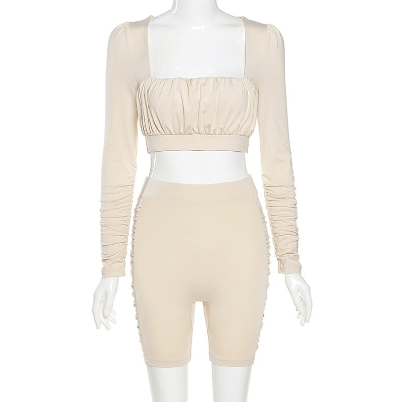 Solid Sportswear Pleated Yoga Set Gym Fitness Tracksuit Long Sleeve Rushed Crop Top Shorts Suit Outdoor Sports Workout Suit | Vimost Shop.