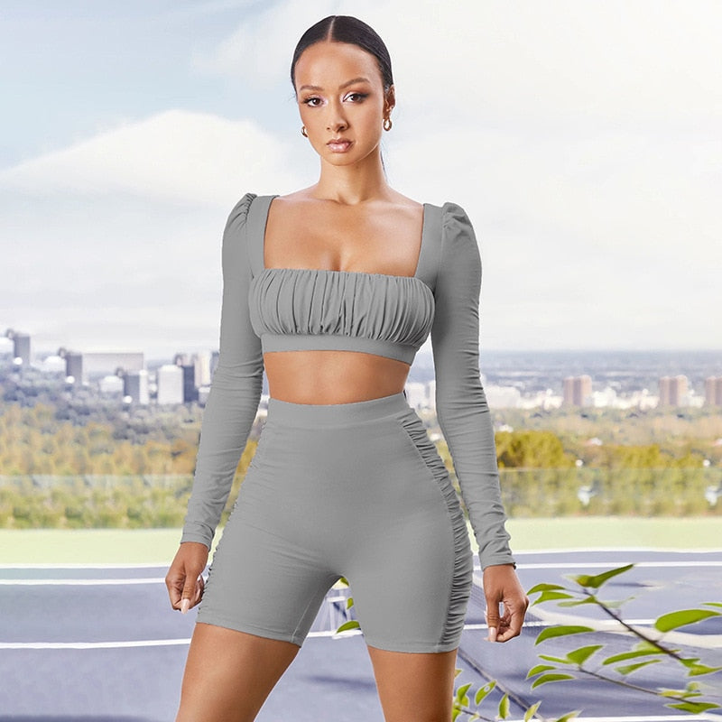 Solid Sportswear Pleated Yoga Set Gym Fitness Tracksuit Long Sleeve Rushed Crop Top Shorts Suit Outdoor Sports Workout Suit | Vimost Shop.