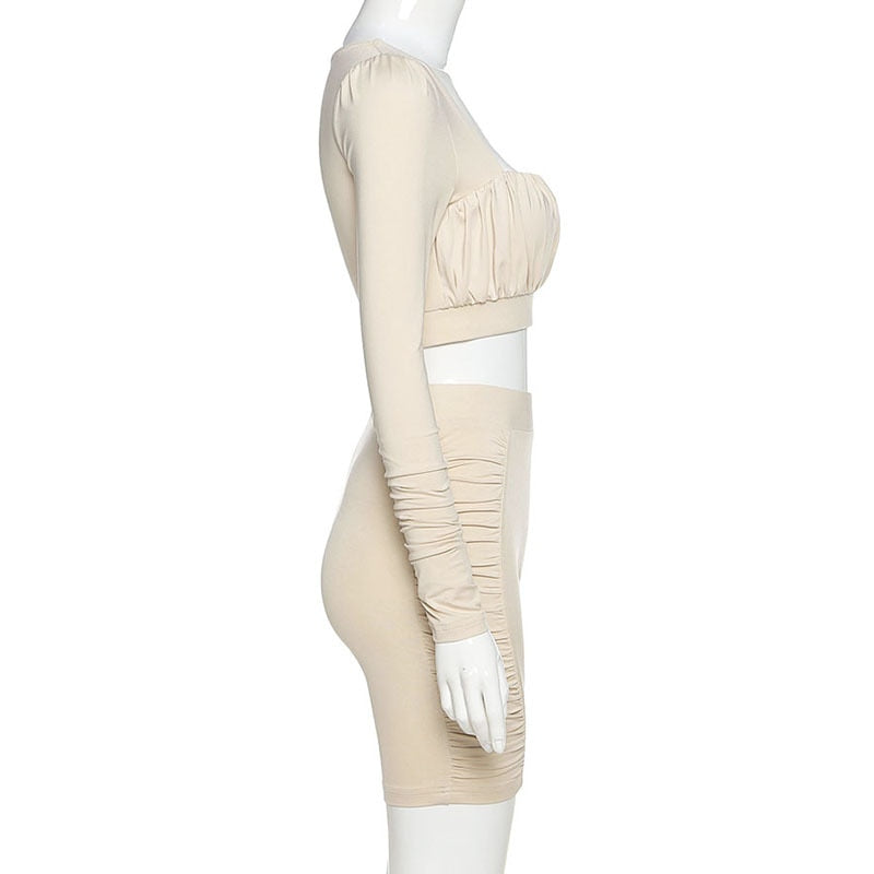 Solid Sportswear Pleated Yoga Set Gym Fitness Tracksuit Long Sleeve Rushed Crop Top Shorts Suit Outdoor Sports Workout Suit | Vimost Shop.