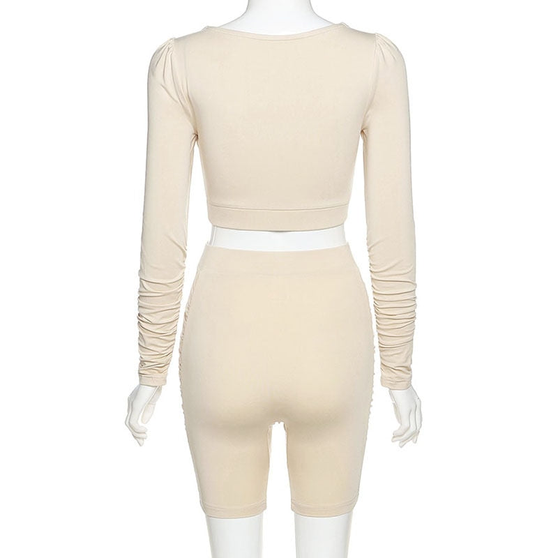 Solid Sportswear Pleated Yoga Set Gym Fitness Tracksuit Long Sleeve Rushed Crop Top Shorts Suit Outdoor Sports Workout Suit | Vimost Shop.