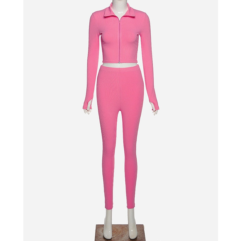 Autumn Solid Ribbing Two Piece Set Tracksuit For Women Fashion Long Sleeve Front Zipper Crop Top Leggings Jogging Sports Suit | Vimost Shop.