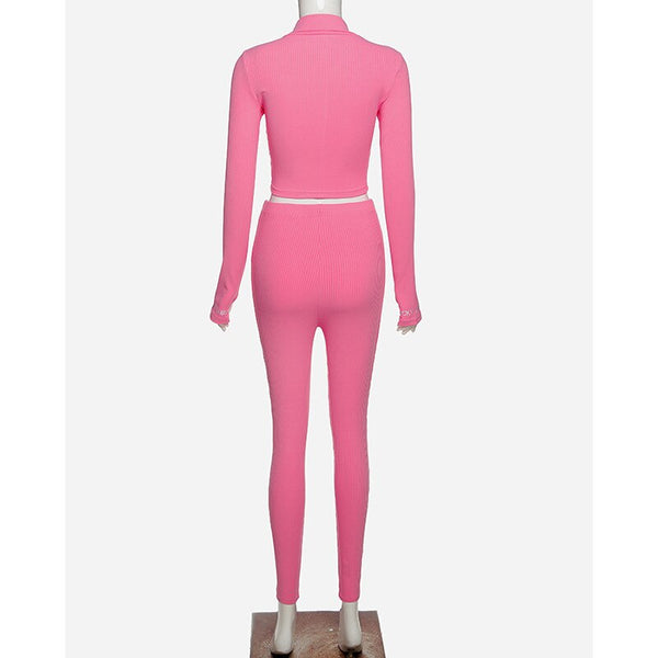 Autumn Solid Ribbing Two Piece Set Tracksuit For Women Fashion Long Sleeve Front Zipper Crop Top Leggings Jogging Sports Suit | Vimost Shop.