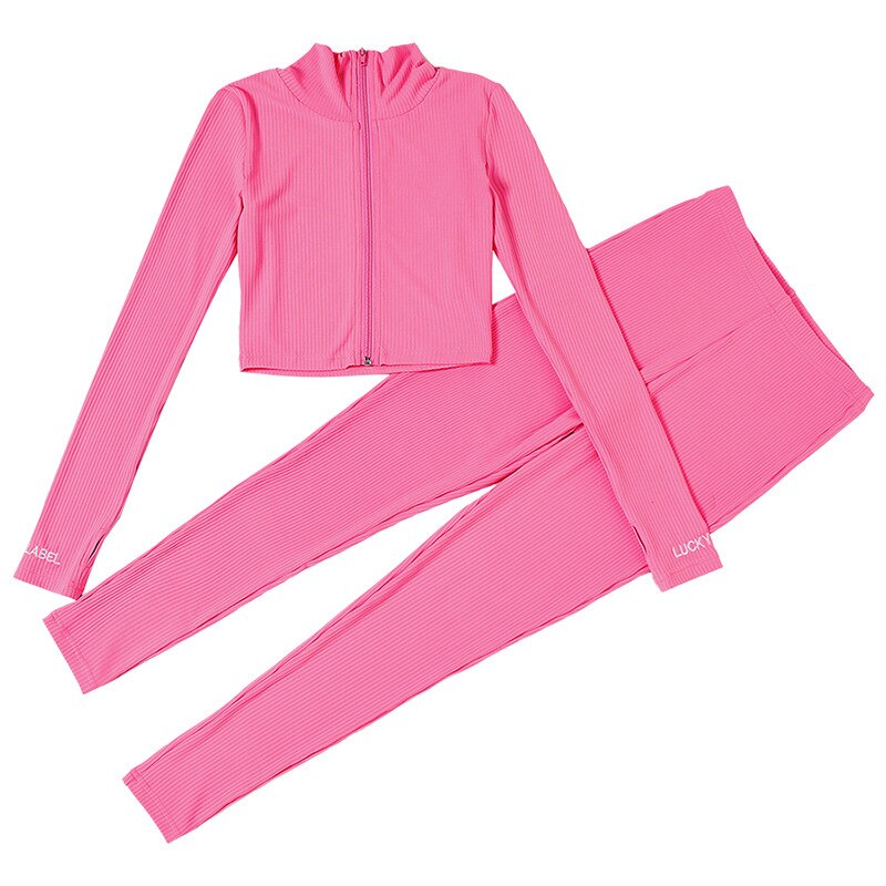 Autumn Solid Ribbing Two Piece Set Tracksuit For Women Fashion Long Sleeve Front Zipper Crop Top Leggings Jogging Sports Suit | Vimost Shop.