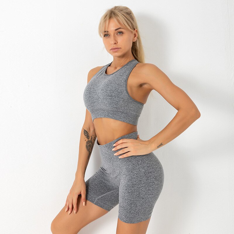 Seamless Solid Yoga Set Gym Clothing Fashion Tank Crop Top Shorts Sports Suit Push Up Workout Training Running Dance Tracksuit | Vimost Shop.