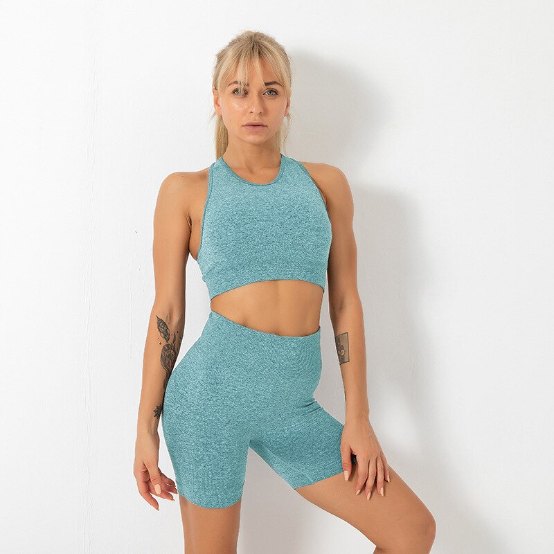 Seamless Solid Yoga Set Gym Clothing Fashion Tank Crop Top Shorts Sports Suit Push Up Workout Training Running Dance Tracksuit | Vimost Shop.
