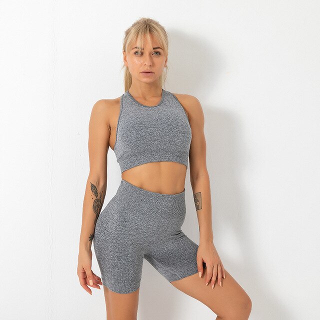 Seamless Solid Yoga Set Gym Clothing Fashion Tank Crop Top Shorts Sports Suit Push Up Workout Training Running Dance Tracksuit | Vimost Shop.