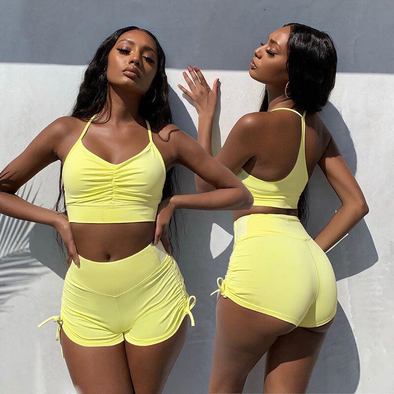 Women Solid Yoga Suit Gym Slim Tracksuit Cami Crop Top Shorts Two Piece Set Casual Sports Running Suit Hot Sale Outdoor Outfits | Vimost Shop.