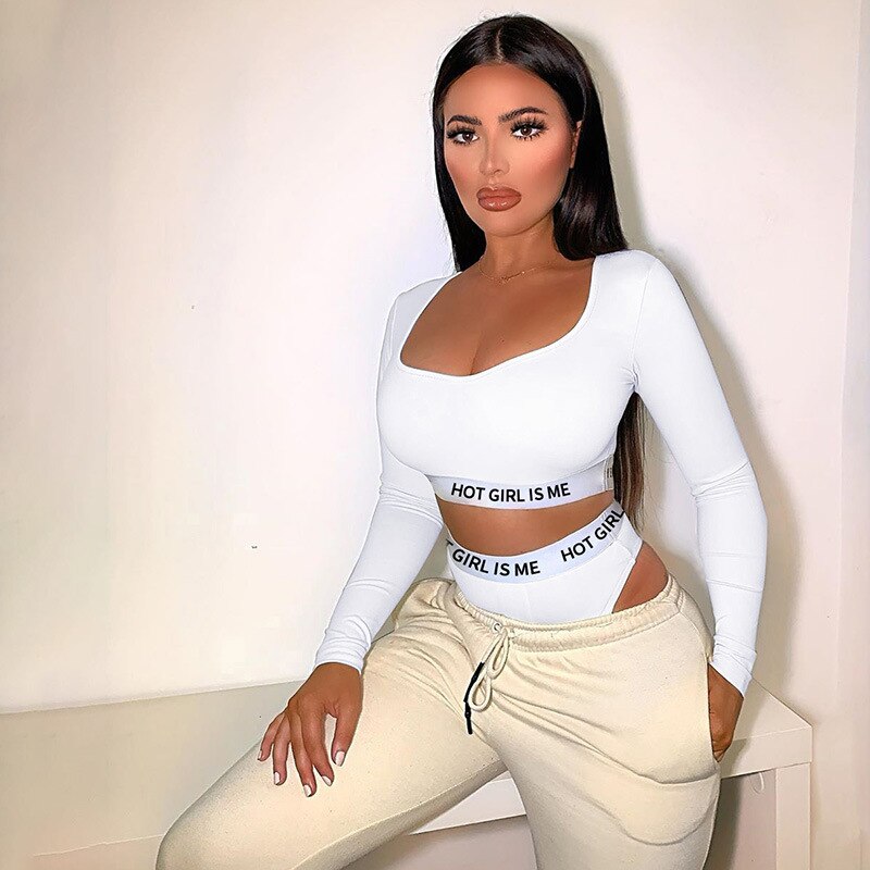 Women Letter Print Yoga Suit Gym Slim Tracksuit Long Sleeve Crop Top Thong Two Piece Set Casual Sports Running Suit Hot Sale | Vimost Shop.
