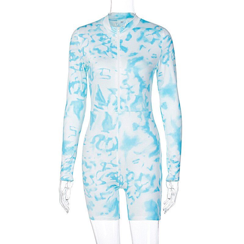 Tie Dye Print Jumpsuit Women Long Sleeve Front Zipper Top Shorts One Piece Tracksuit Workout Push Gym Sports Sexy One Piece | Vimost Shop.
