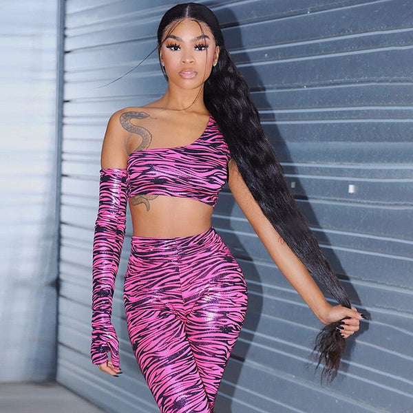 Print One Shoulder Sportswear Set For Women Crop Top Leggings Pants Suit Gym Fitness Jogging Slim Tracksuit Outfits Clothing | Vimost Shop.