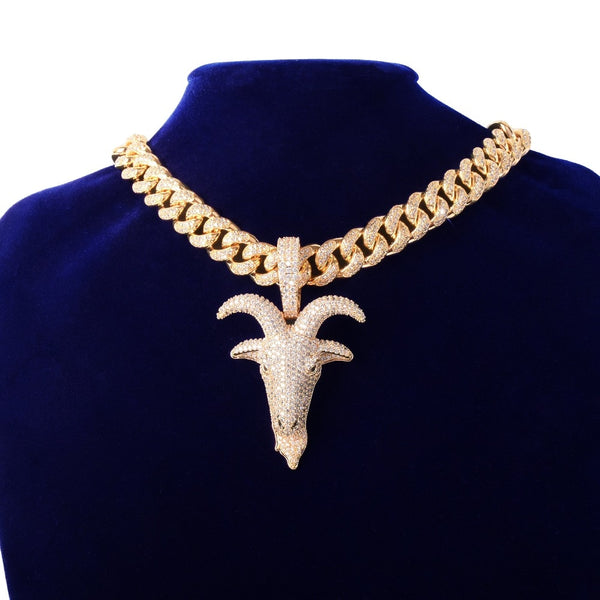 Gold Color Sheep Head Pendant Animal Charm Men Zircon Hip Hop Necklace Rock Jewelry with 12mm Cuban Chain | Vimost Shop.