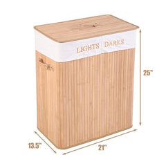 Folding Double Rectangle Bamboo Hamper Laundry Basket Withdrawable Inside Liner Thickened Lid with PU Leather Handle | Vimost Shop.