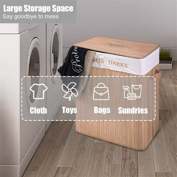Folding Double Rectangle Bamboo Hamper Laundry Basket Withdrawable Inside Liner Thickened Lid with PU Leather Handle | Vimost Shop.