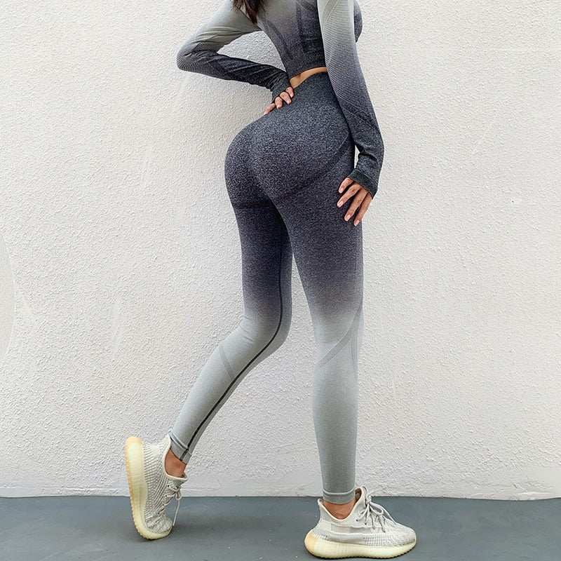 Ombre Women Yoga Set Workout Long Sleeve Crop Top Sports Bra Seamless Leggings Gym Clothing Fitness Sportswear Sports Suits