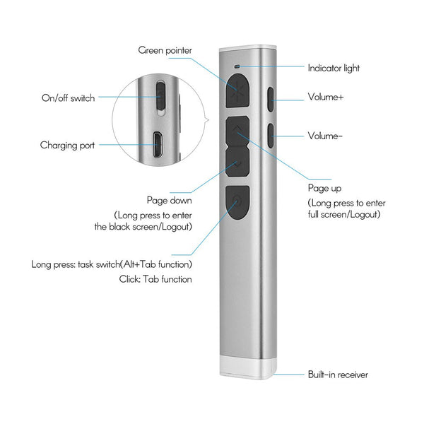 Rechargeable Powerpoint Presenter PPT Clicker Flip Pen Green Pointer with USB Receiver 70 Meters 2.4GHz Wireless Remote Control | Vimost Shop.