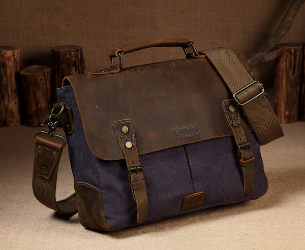 Messenger Bag Men Leather Genuine Leather Canvas 14inch Laptop Briefcase Crossbody Satchel Bag for Men | Vimost Shop.