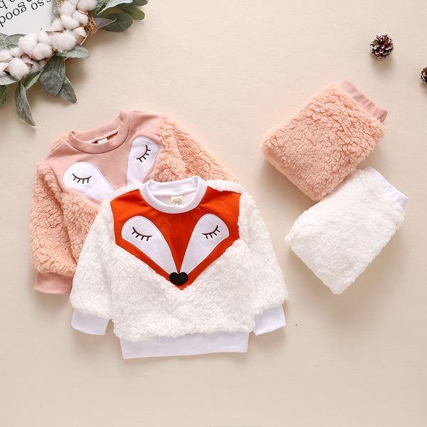 Winter Lamb Wool Newborn Baby Girls Clothes Cartoon Printed Tops And Pants Casual Round Neck Infant Girls Outfits Clothing D30 | Vimost Shop.