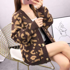 Harajuku Oversized Sweater New Autumn Winter Leopard Cardigan Casual Loose Female Knitted Open Stitch V-neck Jumper