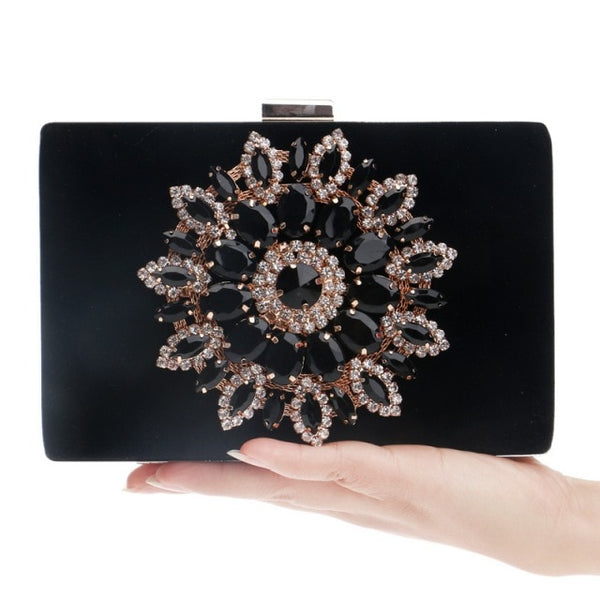 Velvet luxury women evening bags rhinestones flower small day clutch party diamonds lady dress shoulder chain handbags for purse